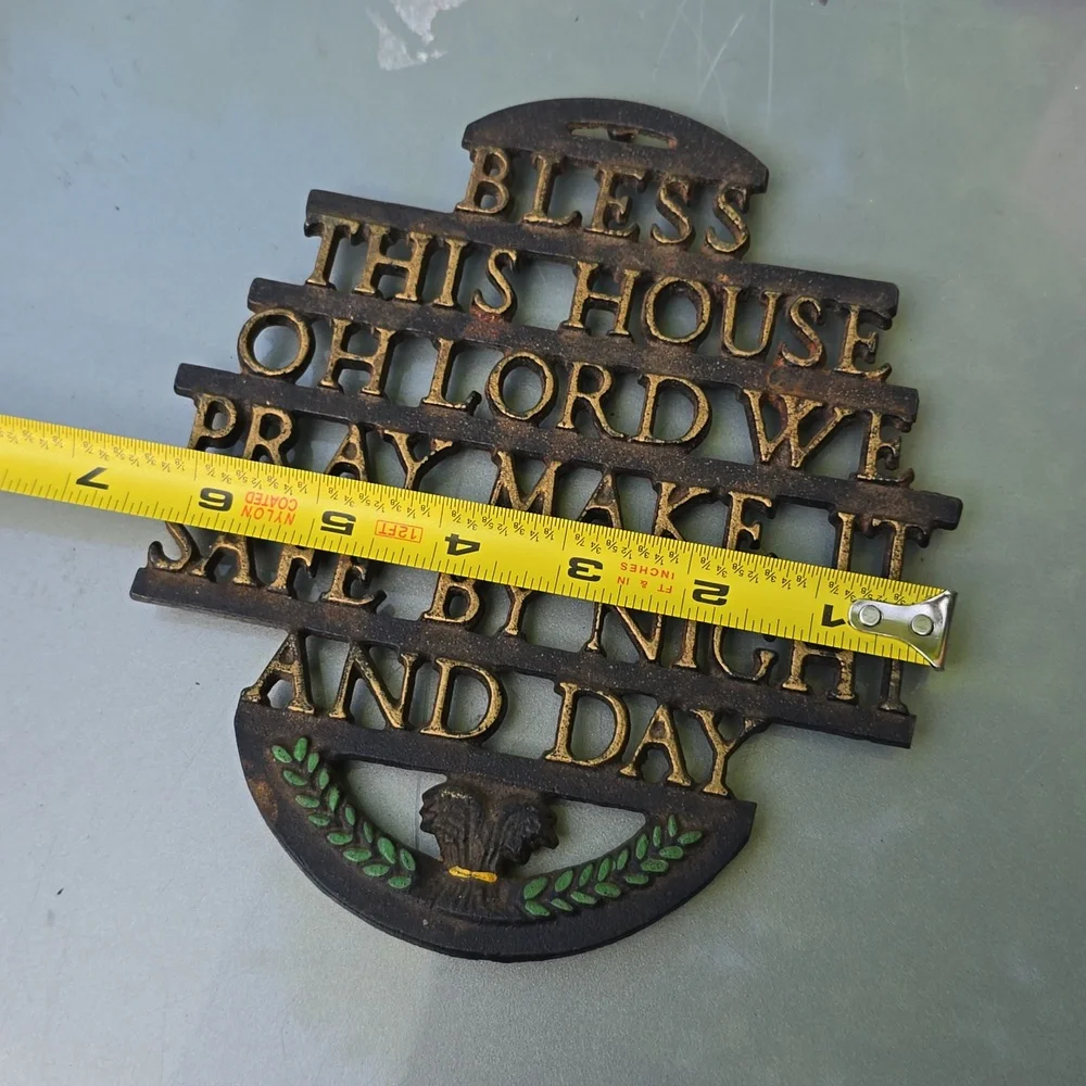 Vintage Wilton Cast Iron Metal Trivet Wall Hanging Bless This House Gold Letters
